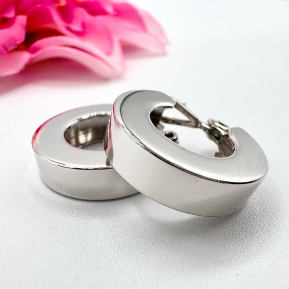 Monet Jewelry - Vintage Monet Chunky Huggie Hoop Earrings Silver Tone Signed Pierced Chic Small